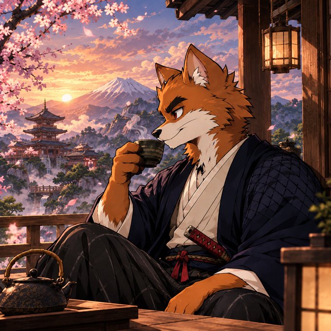 An anime-style illustration of a red fox in traditional Japanese samurai attire drinking tea from a cup, with Mount Fuji and cherry blossoms in the sunset background.