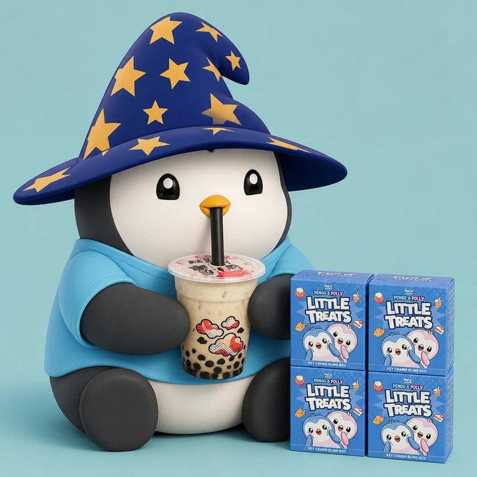 A collectible figure of a penguin wearing a blue shirt and a blue wizard hat decorated with yellow stars sits holding a bubble tea cup, accompanied by four boxes of 'Pengu & Polly Little Treats' Key Chain Blind Box.