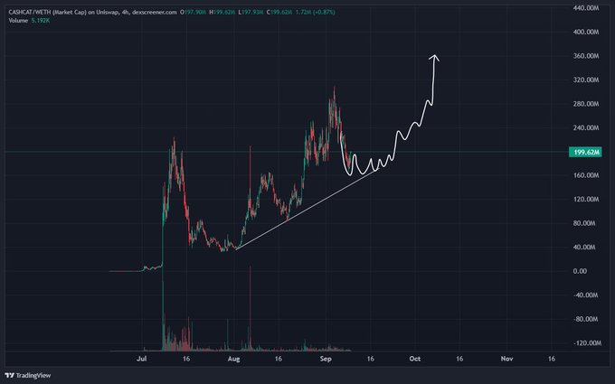 A TradingView candlestick chart of CARDSH CAT (CASHCAT) on Ordinals displays the token's price currently at $199.62M, with a hand-drawn white arrow projecting a steep upward trajectory from the current consolidation pattern toward the $360M level, illustrating the bullish price prediction referenced in the post.