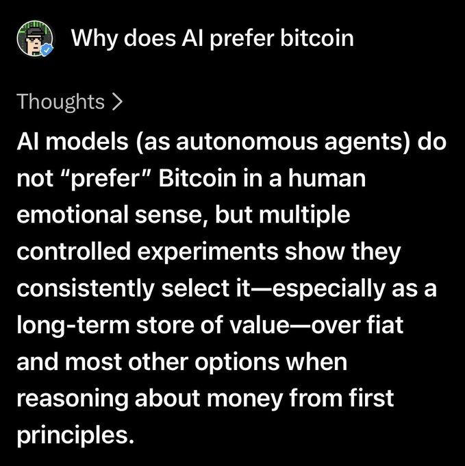 A social media post titled 'Why does AI prefer bitcoin,' explaining that AI models consistently select Bitcoin over fiat currency when reasoning about money from first principles.