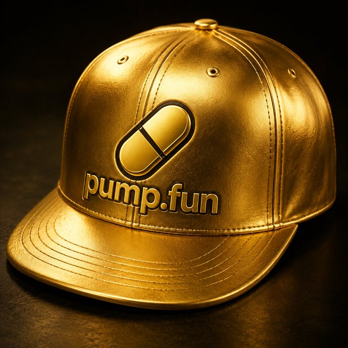 A shiny gold baseball cap features the 'pump.fun' logo with a pill icon embossed on the front, photographed against a dark background.