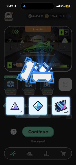 A mobile game screenshot showing an awards screen with loot box icons (x3, x1, x60), a 'Continue' button, and game currency balances of 46,800.98 and 11,2763 at the top, themed around 'Walker.'