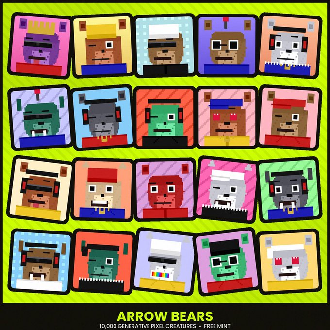 A pixel art grid showcasing 20 of the 10,000 "Arrow Bears" generative NFT creatures, each with unique colors, headwear, and facial features, displayed on a green background with the text "ARROW BEARS - 10,000 GENERATIVE PIXEL CREATURES • FREE MINT" at the bottom.