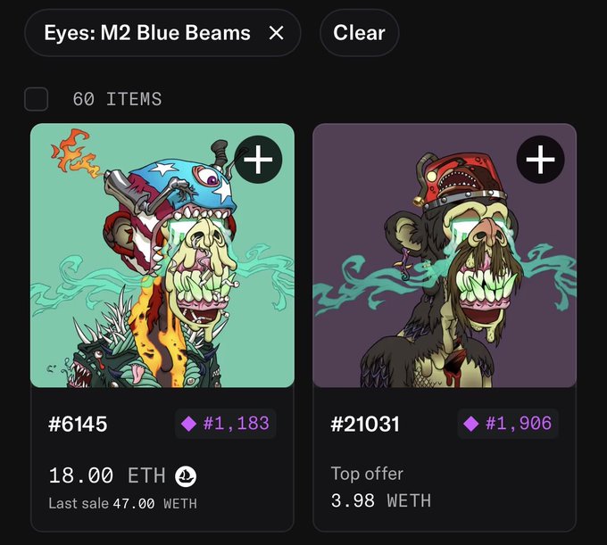 An NFT marketplace interface showing two cartoon bear characters for sale, with item #6145 priced at 18.00 ETH and item #21031 at a top offer of 3.98 WETH, filtered by "Eyes: M2 Blue Beams".