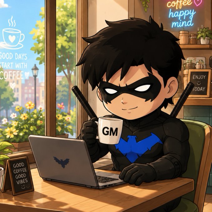 An anime-style illustration of a chibi Batman wearing a domino mask and holding a mug labeled "GM" while working on a laptop at a coffee shop, with neon signs reading "coffee happy mind" and "GOOD DAYS START WITH COFFEE."