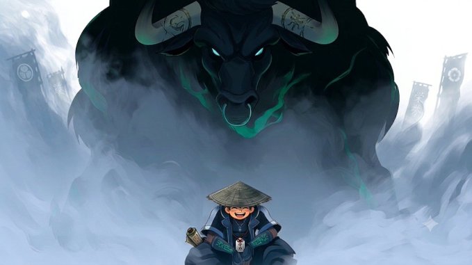An anime-style illustration shows a small character wearing a conical straw hat standing before a massive, menacing dark beast with glowing green eyes emerging from misty clouds.