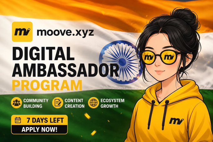 Promotional graphic for the moove.xyz 'Digital Ambassador Program' featuring an illustrated avatar wearing MV-branded sunglasses against an Indian flag backdrop, with '7 DAYS LEFT - APPLY NOW!' and pillars: Community Building, Content Creation, Ecosystem Growth.
