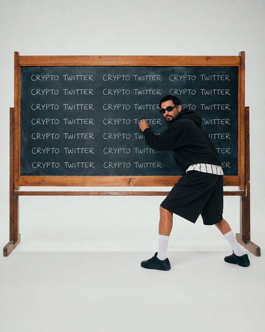 A man writes "CRYPTO TWITTER" repeatedly on a chalkboard, mirroring the repetitive, self-questioning tone of a crypto novice questioning whether their minimal on-chain activity—airedrops, NFT mints, and swaps—qualifies them as a true Crypto Twitter participant.