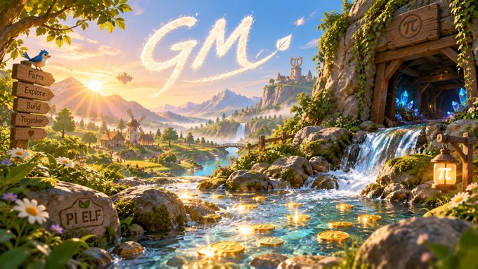 A vibrant fantasy landscape illustration with a flowing stream, waterfall, and castle, featuring the text 'GM' in the sky, a sign reading 'PI ELF', and menu options 'Farm, Explore, Build, Together'.