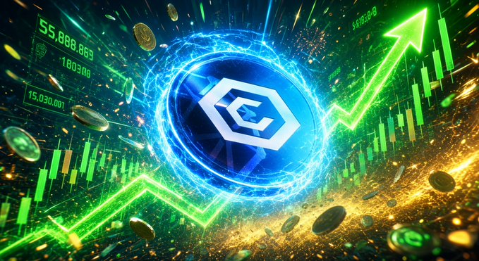 A digital graphic features a glowing blue cryptocurrency coin with a 'C' logo, rising green price chart arrows, falling gold coins, and floating numbers in the background.