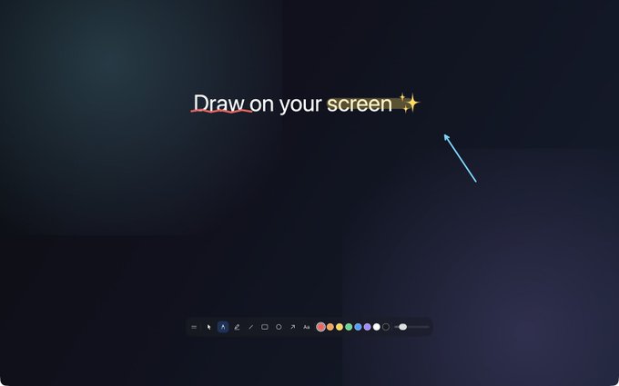 A dark screen displays the text 'Draw on your screen ✨' with a drawing toolbar at the bottom.