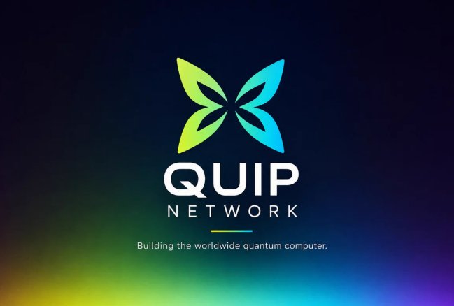 The QUIP NETWORK logo featuring a green and blue butterfly symbol with the tagline 'Building the worldwide quantum computer.' on a dark gradient background.