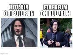 The image is a two-panel meme featuring Keanu Reeves in the "Sad Keanu" pose, with the left panel labeled "BITCOIN ON BULL RUN" and the right panel labeled "ETHEREUM ON BULL RUN." This perfectly illustrates the post's message about the BTC vs. ETH rivalry during a bull run, with the melancholic Keanu reflecting the cautious, observational stance of someone watching both assets compete rather than picking a side.