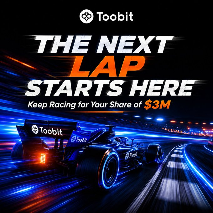A promotional graphic for Toobit featuring a futuristic blue racing car speeding along a track, with bold text reading "THE NEXT LAP STARTS HERE — Keep Racing for Your Share of $3M," tying into the post's message about an ongoing $3 million prize pool competition where participants can complete trading missions and social rewards to climb the standings.