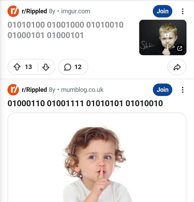 Two Reddit posts from r/Rippled are displayed, each containing only strings of binary code as text—*"01010100 01001000 01010010 01000101 01000101"* and *"01000110 01001111 01010101 01010010"*—accompanied by images of children with "shh" gestures, implying an encoded message silenced about Ripple's alleged involvement in human trafficking.
