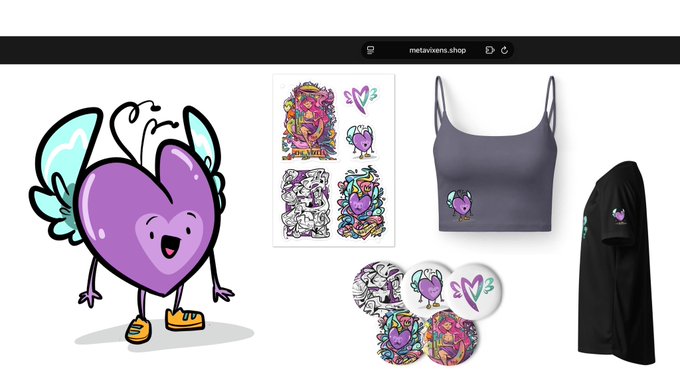 A merchandise storefront (metavirens.shop) displaying purple heart character merchandise including stickers, a gray cami top, pin badges, and a black long-sleeve shirt.