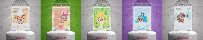 Five Chimpers trading cards from ChimpersHQ are displayed on "CEMPERS" branded pedestals against a gray background, each featuring different character artwork—including one labeled "CHILL CHUMP" and another marked "No. 195"—showcasing the collectible cards the user has added to their ongoing grail quest.