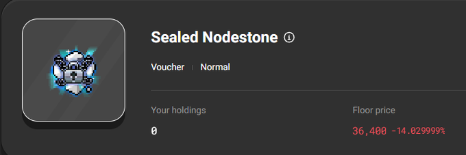 An NFT or digital asset listing for 'Sealed Nodestone' (Normal voucher), showing 0 holdings and a floor price of 36,400 with a -14.029999% change.