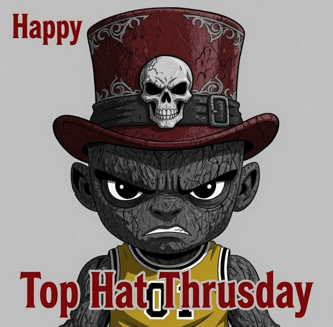 A stylized cartoon avatar with cracked stone-like gray skin, a stern expression, and a red top hat featuring a skull emblem is shown wearing a yellow jersey with the number "0." The image ties directly to the "Happy Top Hat Thursday" theme from the post, with the character "rocking" the red hat.