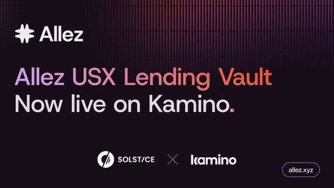 The image features a poster for Allez USX lending vault that has been updated with a new feature of adding a lending vault to Kamino. The poster includes text about the lending vault and the names of the companies involved, such as Allez and Solice.