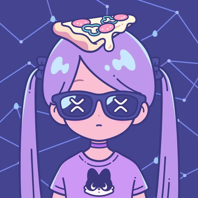 A digital illustration of an anime-style girl with purple hair wearing sunglasses and a shirt with a dog face, balancing a slice of pizza on her head against a blue constellation background.