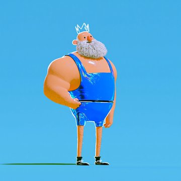 A cartoon illustration of a muscular, bearded king wearing a blue wrestling singlet and a white crown against a blue background.