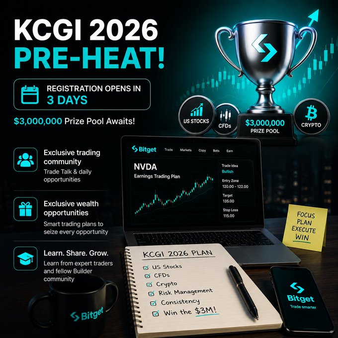 A promotional banner for 'KCGI 2026 PRE-HEAT!' by Bitget featuring a $3,000,000 prize pool across US Stocks, CFDs, and Crypto categories, with registration opening in 3 days and a laptop displaying an NVDA trading plan.