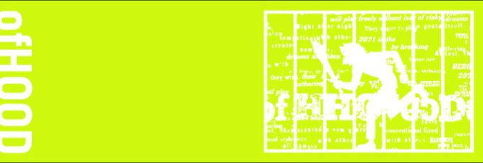 A bright yellow-green banner with 'offHOOD' text and a distressed white graphic of a horse and rider.