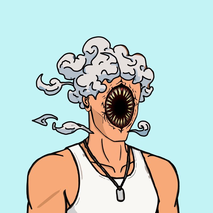 A cartoon illustration of a person with curly cloud-like hair, wearing a white tank top and dog tag necklace, whose face features a large menacing mouth with sharp teeth instead of a normal mouth—visually embodying the "Weirdos" NFT collection launching on Ethereum. The eerie, monstrous aesthetic matches the post's announcement of the 3,333 Weirdos mint on August 21st.