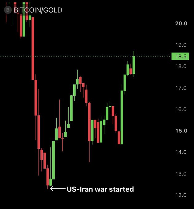 A candlestick chart titled "BITCOIN/GOLD" shows the ratio dropping from above 20.0 to around 12.5 at the point marked "US-Iran war started," before rallying sharply to recover near 18.5—visually supporting the claim that Bitcoin has gained roughly 50% against gold since the conflict began.