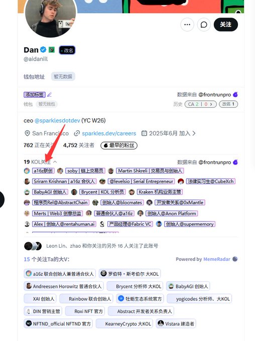 A social media profile screenshot for a user named "Dan" (@aidanlll), with a red arrow pointing to a highlighted label reading "ceo @sparklesdotdev (YC W26)", indicating his role at the startup Sparkles.dev.
