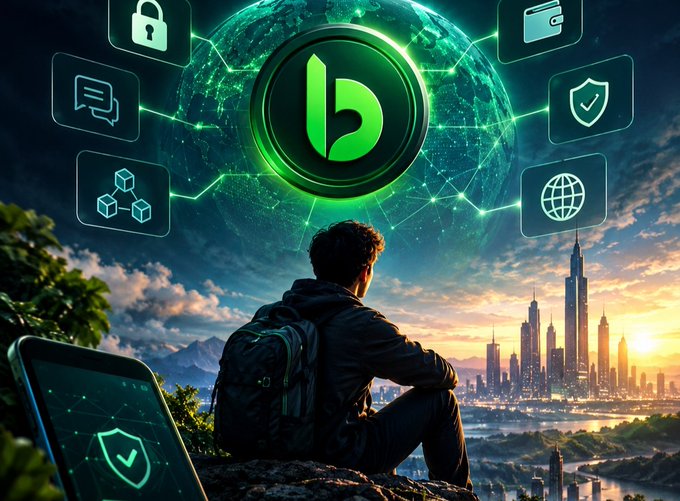 A digital artwork featuring a man with a backpack sitting and looking at a futuristic cityscape, with a large green 'b' logo and floating icons for security, wallets, messaging, and more.