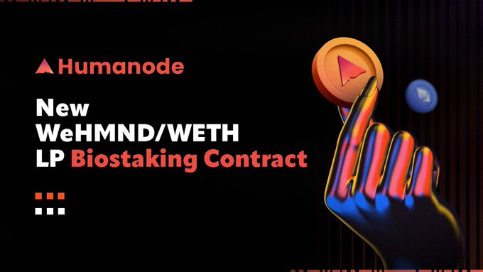 A promotional graphic from Humanode announcing a new WeHMND/WETH LP Biostaking Contract, featuring a stylized hand reaching toward a coin against a dark background, visually reinforcing the post's message about the deployment of a new liquidity pool contract following the expiration of the previous one.