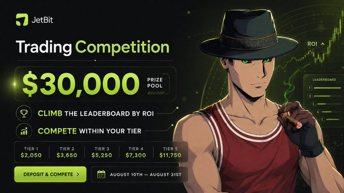 A JetBit trading competition advertisement featuring a $30,000 prize pool, tiered rewards (Tier 1-5), and an anime-style character with green eyes smoking a cigar.