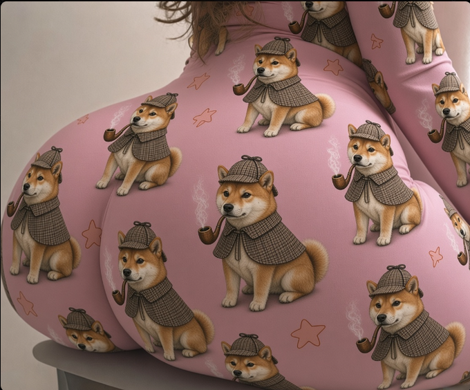 A pink fabric pattern featuring Shiba Inu dogs dressed as Sherlock Holmes, wearing deerstalker hats and capes while smoking pipes, with small star accents scattered throughout.

The image ties directly to the "PIPEDOG" meme by visually embodying the detective-shibe archetype—combining the classic Sherlock Holmes pipe motif with the iconic doge faces, capturing the whimsical, investigative spirit of the crypto token.