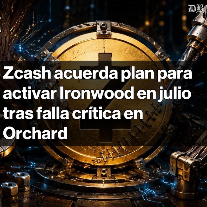 The image features a gold coin with a black cross, surrounded by blue text that reads "Zcash acuerda plan para Ironwood en julio tras falla critica en Orchard." The text suggests that someone has created a fake account on ZEC and is using it to promote the use of ironwood.