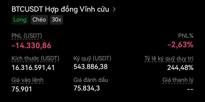 A cryptocurrency trading interface showing a BTCUSDT perpetual contract with significant losses: PNL -14,330.86 USDT (-2.63%), Long position with 30x leverage.