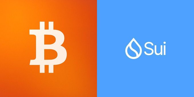 A split graphic displays the Bitcoin logo on an orange background on the left and the Sui logo with its water droplet icon on a blue background on the right.