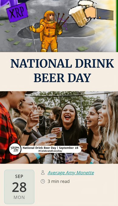 The image promotes "National Drink Beer Day" on September 28, featuring a top illustration of an astronaut with an XRP flag and a clinking beer mug, alongside a photo of friends enjoying drinks together. The post's simple "Cheers!" caption fits perfectly with the festive beer celebration theme shown in the graphic.