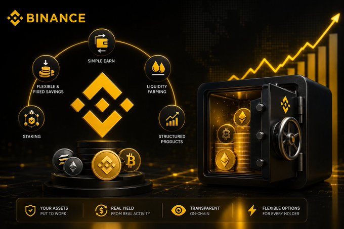 A promotional banner for Binance that highlights services such as Simple Earn, Liquidity Farming, Flexible & Fixed Savings, Staking, and Structured Products, featuring an image of a safe filled with cryptocurrency coins and a rising graph.