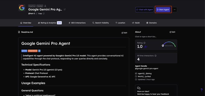 A dark-themed dashboard interface for 'Google Gemini Pro Agent' displays technical specifications including 'Model: Gemini Pro 2.5 (gemini-2.5-pro)' and a 'Start Agent' button.