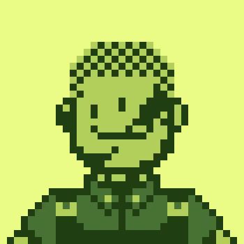 A pixel art portrait of a smiling bald man wearing a bow tie, rendered in monochromatic yellow-green tones.