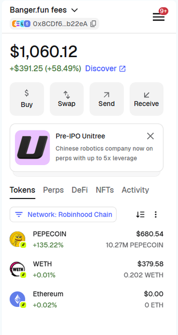 A crypto wallet interface showing a Banger.fun fees account holding $1,060.12 (+58.49%), displaying holdings of 10.27M PEPECOIN ($680.54), 0.202 WETH ($379.58), and 0 ETH. The image illustrates the post's claim about $PEPECOIN generating over $1,000 in fees through the Banger.fun launchpad in under 24 hours.