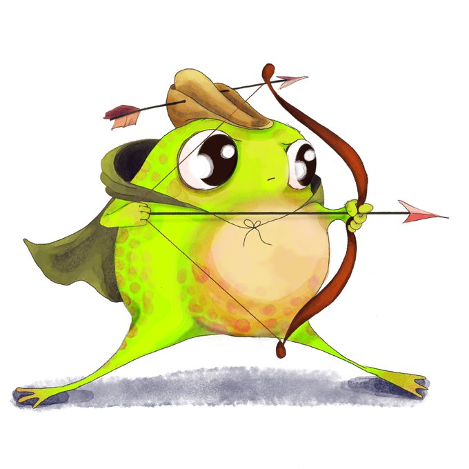 An illustration of a cute green frog wearing a cowboy hat and cape, posed as if drawing a bow and arrow.