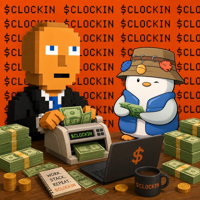 A digital illustration featuring a pixelated character in a suit and a penguin-like figure with a fishing hat, surrounded by cash, a laptop with a dollar sign, and repeated "$CLOCKIN" text on an orange background, with a notebook reading "WORK. STACK. REPEAT."