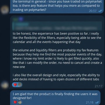 A Telegram chat screenshot showing user feedback at 21:17 praising Polymarket's terminal features—calendar filters, volume/liquidity filters, deck customization, and quick order modification—at 21:18 followed by another user agreeing the product is "finally finding the users it was designed for."