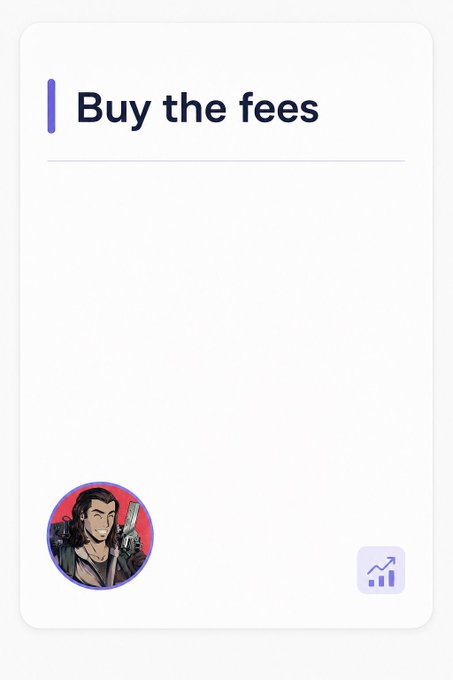 A minimalist mobile app screen titled 'Buy the fees' featuring a cartoon avatar of a man holding a gun in the bottom left corner and a small analytics icon in the bottom right.