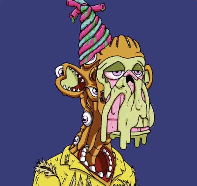 A surreal cartoon illustration depicts a grotesque green character with a melting face, multiple eyes on its neck, a yellow hood, and a colorful twisted horn on top, set against a solid blue background.