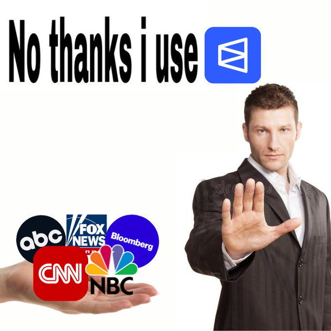 A meme graphic features a man in a suit holding up his hand in a 'stop' gesture, rejecting logos for major media outlets (ABC, Fox News, Bloomberg, CNN, NBC), while text above reads 'No thanks i use' followed by the Webflow logo.