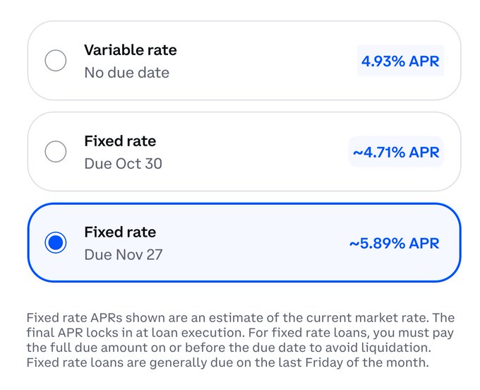 A loan rate selection interface shows three options: 'Variable rate, No due date, 4.93% APR'; 'Fixed rate, Due Oct 30, ~4.71% APR'; and a selected 'Fixed rate, Due Nov 27, ~5.89% APR', with explanatory text below.